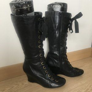 BERTIE vintage-look leather Lace-up Wedge Boots